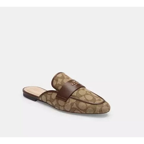 Coach Samie Slide-On Mule Flat Women's Size 7 Khaki Leather Signature Jacquard - Picture 1 of 4